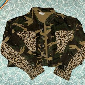 Forever 21 Green and Brown Jean Jacket with Bold Pattern Fusion